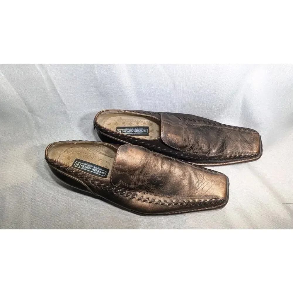 Stacy Adams Mens Western Leather Loafers 11.5 Brown Square Toe Bronze Metallic‎